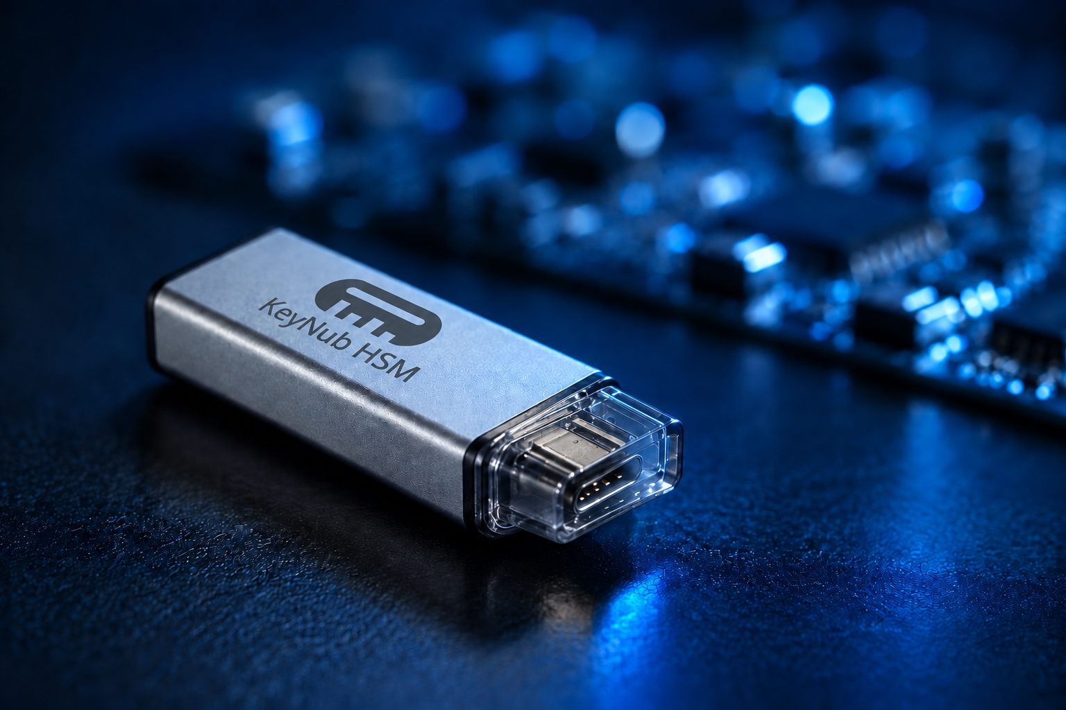 KeyNub USB-C hardware security module beside a circuit board, the PKCS#11 device existing PKI tools drive through OpenSC